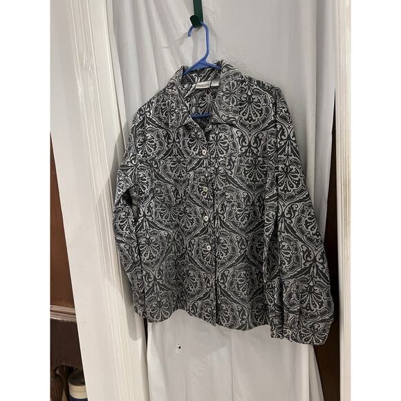 Chicos Silver Paisley Jacquard Button Front Shirt Jacket Sz 2/L - Picture 1 of 5